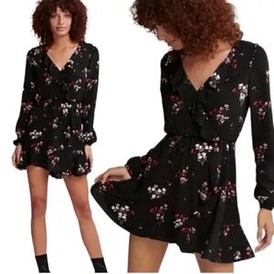 EXPRESS Black Pink Floral Wrap Dress Long Sleeve Ruffle V Neck Mini